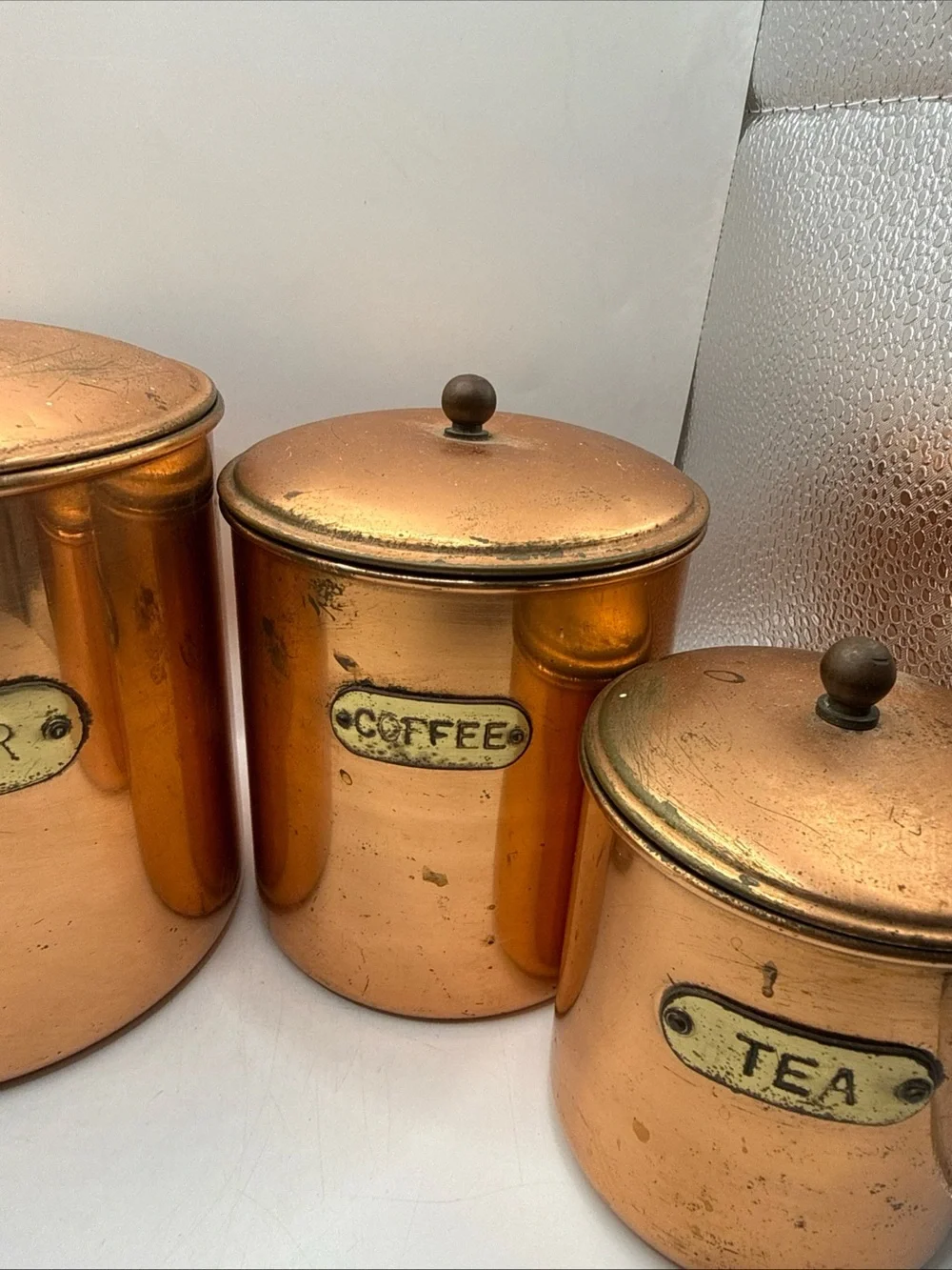 MCM Copper & Brass Vintage Canisters Patina Nesting Set 4 Flour/Sugar/Coffee/Tea